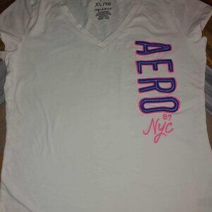Aeropostale Women’s XL White V-Neck T-Shirt Aero NYC 87 Graphic Logo Tee